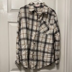 Pink Lily Plaid Button-Down Shirt - Black, White, and Tan